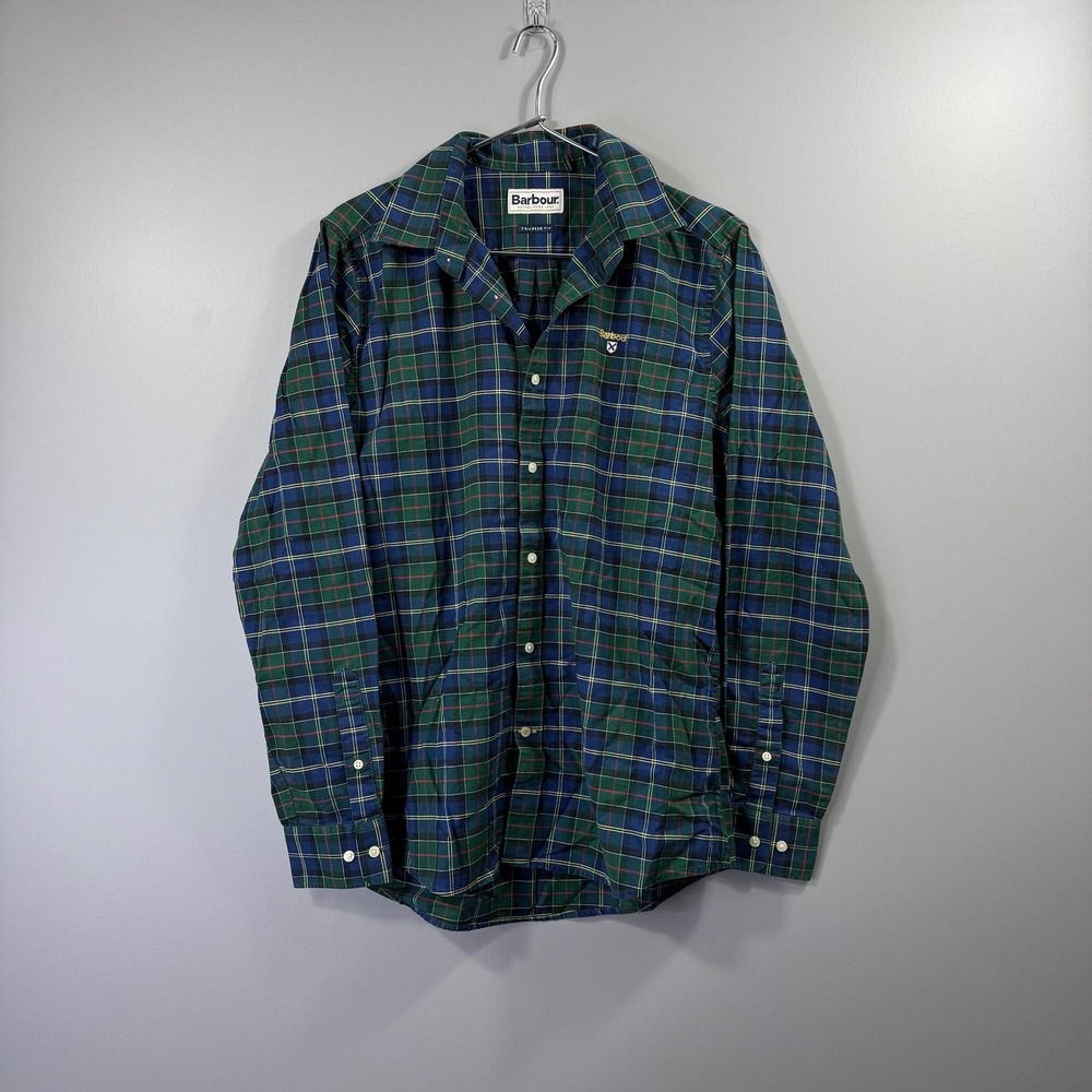 Barbour Shirt Mens Medium Green Tartan Tailored Fit Button Down Long Sleeve
